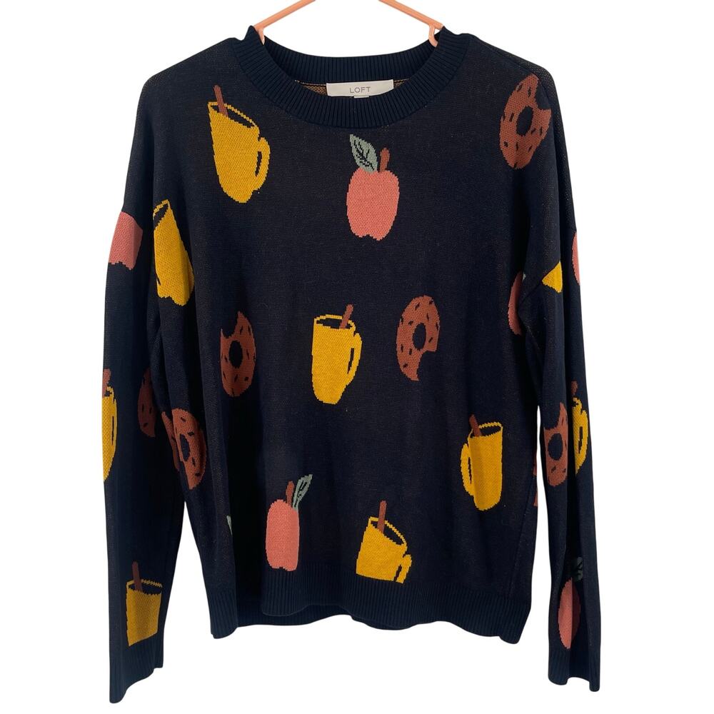 LOFT ANN TAYLOR Sweater Size Medium Apple Cider Donut Fall Orchard Novelty Print